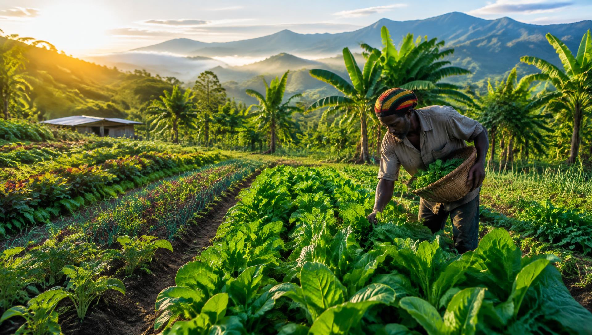 Farmer harvesting leafy greens on a Jamaican hillside farm